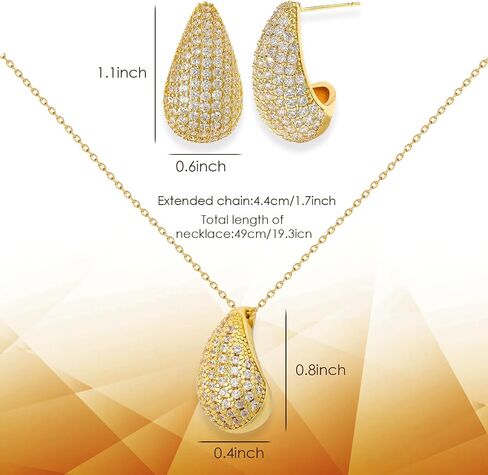 Teardrop Chunky Earrings for Women Tear Drop Necklaces Dupes Rhinestone Crystal Hoop Earring 18k Gold Plated Earrings Necklaces Jewelry Sets Water Drop Pendant Necklace Valentine Christmas Gift for Women Girl Mother Mom Lover in Saudi Arabia