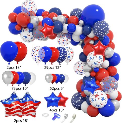 166 قطعة من البالونات باللونين الأحمر والأبيض والأزرق، مجموعة قوس جارلاند، ديكورات حفلات عيد العمال في الرابع من يوليو، بالونات نجمة العلم الوطني البحري للتخرج وحفلات استقبال المولود الجديد وحفلات البيسبول in Kuwait