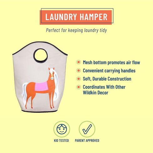 سلة الغسيل للأطفال من وايلدكين للأولاد والبنات، سلال من نسيج البوليستر 600 دينير قابلة للطي تتميز بمقبضين للحمل وقاعدة شبكية، مقاس 27 × 16 × 6.5 بوصة، أطفال زيتون (خيول) in Kuwait