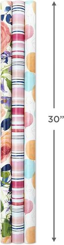 Hallmark All Occasion Reversible Wrapping Paper Bundle - Watercolor Flowers, Stripes, Balloons (3-Pack: 75 sq. ft. ttl.) for Birthdays, Weddings, Baby Showers, Bridal Showers, Valentine's Day and More in Saudi Arabia
