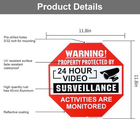 Video Surveillance Sign 2 Pack, Aluminum No Trespassing Metal Reflective Warning Sign, UV Protected and Waterproof, Indoor or Outdoor Use for Home Business CCTV Security Camera, 12×12 inches in Saudi Arabia