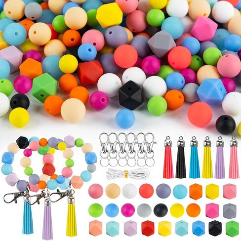 Morningisland 145 قطعة من الخرز السيليكون لمجموعة صنع سلسلة المفاتيح، مقاسات متعددة وخرز سيليكون ملون خرز مطاطي كبير لقلادة DIY وسوار وقلادة مجوهرات، MI-US-111M1P1 in Kuwait