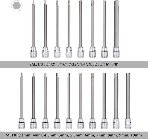 EMENTOL 18PCS 3/8" Drive Long Hex Bit Socket Set, CR-V, S2 Steel, SAE/Metric, Extra Long Allen Hex Bit Socket Set, 1/8 Inch - 3/8 Inch, 3mm - 10mm in Saudi Arabia