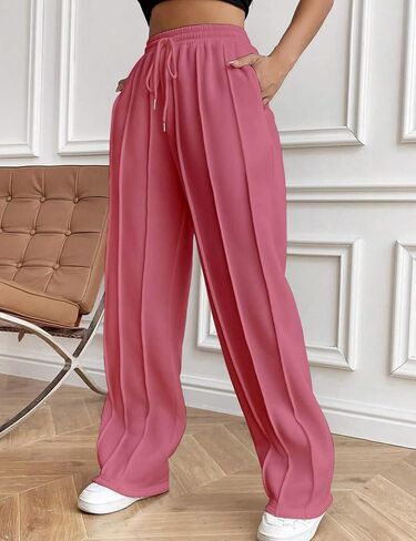 HeSaYep Women's Wide Leg Sweatpants Elastic Drawstring High Waisted Sweat Pants Elevated Seams Baggy Pants in Kuwait