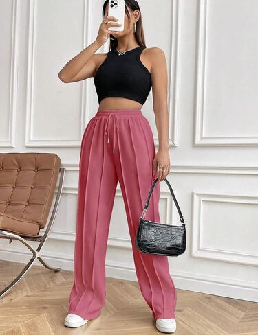 HeSaYep Women's Wide Leg Sweatpants Elastic Drawstring High Waisted Sweat Pants Elevated Seams Baggy Pants in Kuwait