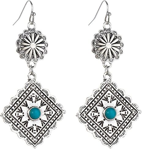 Handmade Turquoise Bohemian Dangle Earrings for Women Vintage Statement Silver Teardrop Earrings Turquoise Geometric Ethnic Earrings Vintage Country Western Jewelry (Cross) in Saudi Arabia