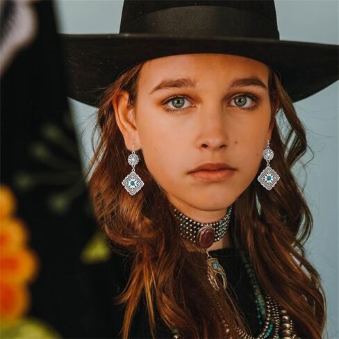 Handmade Turquoise Bohemian Dangle Earrings for Women Vintage Statement Silver Teardrop Earrings Turquoise Geometric Ethnic Earrings Vintage Country Western Jewelry (Cross) in Saudi Arabia
