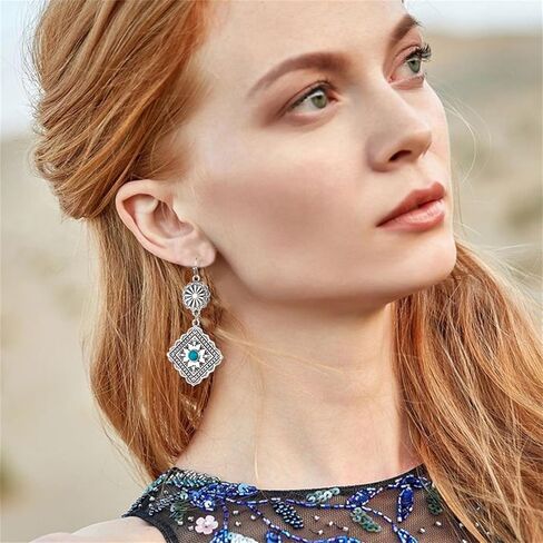 Handmade Turquoise Bohemian Dangle Earrings for Women Vintage Statement Silver Teardrop Earrings Turquoise Geometric Ethnic Earrings Vintage Country Western Jewelry (Cross) in Saudi Arabia