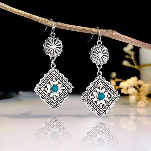 Handmade Turquoise Bohemian Dangle Earrings for Women Vintage Statement Silver Teardrop Earrings Turquoise Geometric Ethnic Earrings Vintage Country Western Jewelry (Cross) in Saudi Arabia