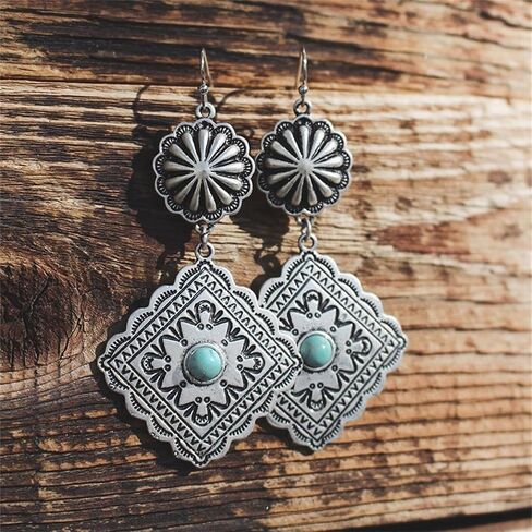 Handmade Turquoise Bohemian Dangle Earrings for Women Vintage Statement Silver Teardrop Earrings Turquoise Geometric Ethnic Earrings Vintage Country Western Jewelry (Cross) in Saudi Arabia