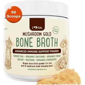 iHeartCats Bone Broth for Cats - Bone Broth & Mushroom Gold Powder Supplement for Immune System Support, Improved Mobility & Flexibility and Natural Detox - Turkey Tail Mushroom for Cats