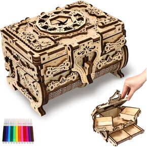 3D Wooden Puzzle for Adults, 3D Puzzle Antique Wooden Box Model Kits with Markers for Kids, Jewelry Box, Mechanical Treasure Box DIY Craft Kits Birthday for Adults/Teens Home Décor in Kuwait