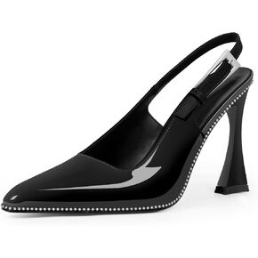 Women's Closed Toe High Heel Slingback Beaded Pumps Sexy Buckle Strap Square Toe Slip On Patent Leather Dress Shoes
