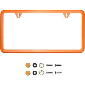 Two Hole Slim Version Solar Orange License Plate Frame T304 Stainless Steel + Metal Screw Caps