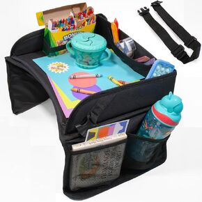 Nuby Kids Foldable Lightweight Travel Activity Lap Desk Tray with Pockets|Stay Organized & Mess Free on Car Rides, Plane Trips, Home|Adjustable Strap Keeps Desk Secure or Carry Strap for Travel|Black