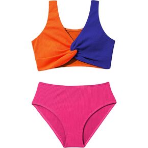 Milumia Girl's 2 Piece Color Block Swimsuits Twist V Neck Cute Bikini Sets Swimwear