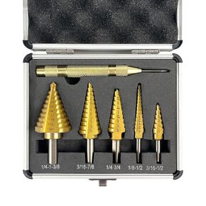 C&T 6-Piece Step Drill Bit Set with Automatic Center Punch, HSS Titanium High Speed Steel, 50 Sizes Step Bits for Metal, Aluminum, Wood, Plastic, with Aluminum Storage Case