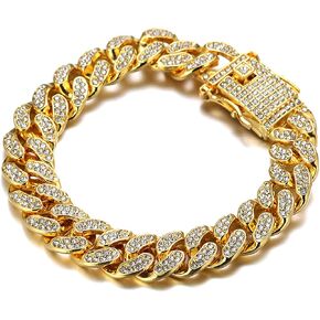 Gold Chain for Men Guys 14MM Wide Cuban Link Chain Silver Tone Iced Out Real White Gold Platinum Plated Bracelet Necklace Handset Diamonds Gift for Boyfriend Husband