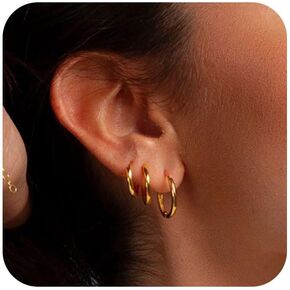 Small Gold Hoop Earrings Set of 3 Pair Plated 14K Real Gold Hoops Earrings for Women Hypoallergenic Gold Huggie Hoop Earrings Mini Tiny Non Tarnish Stack Cartilage Gold Hoop Earrings