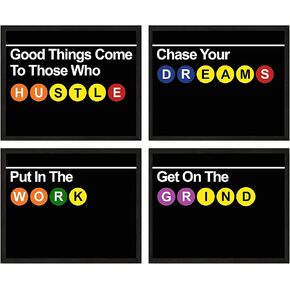 New York City Subway Sign, Subway New York Wall Art, NYC Wall Art - New York Poster Set, NYC Subway Sign, NYC Bedroom Decor - Hustle Grind Motivation - Subway Signs NYC Set of 4 (8x10) UNFRAMED