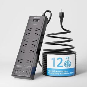 شريط طاقة مع سلك تمديد مسطح بطول 12 قدمًا، وواقي من التيار الزائد مع 12 منفذًا و4 منافذ USB، (منفذ USB C واحد) أسود in Kuwait