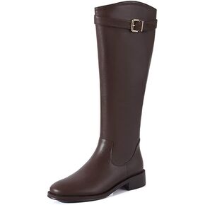 TinaCus Genuine Leather Round Toe Side Zipper Handmade Buckle Low Chunky Heel Women's Casual Knee High Boots