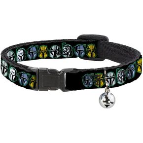 Star Wars Cat Collar, Breakaway Collar with Bell, Star Wars The Mandalorian Helmets Black Multi Color, 8.5 to 12 Inches 0.5 Inch Wide