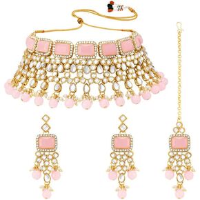 Aheli Kundan and Simulated Colored Stones Indian Ethnic Maang Tikka Necklace and Earrings Set Bollywood Festive Statement Jewelry for Women & Girls
