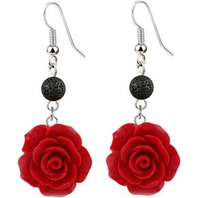 3D Red Rose Flower Blue Evil Eye Earrings Necklace for Women Black Lava-Rock Essential Oil Diffuser Dangle Earring Jewelry
