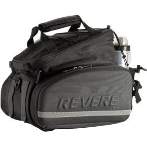 Only version on Amazon that includes free WATER BOTTLE AND SAFETY LED TAIL-LIGHT. Revere RTX-EX large capacity waterproof rear trunk pannier bicycle bag with expandable side and expandable top.