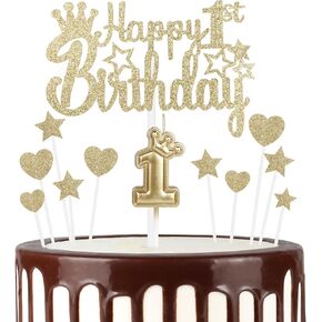1st Happy Birthday Candles Cake Toppers, Crown Number 1 Candle for Cake, Girls 1st Birthday Decorations, Cake Candles Cake Topper for Baby Birthday Party Wedding Anniversary (Champagne Gold)