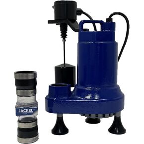 JACKEL 1/2 HP CAST IRON SUBMERSIBLE SUMP PUMP - VERTICAL SWITCH - 10FT PIGGYBACK POWER CORD - CHECK VALVE INCLUDED