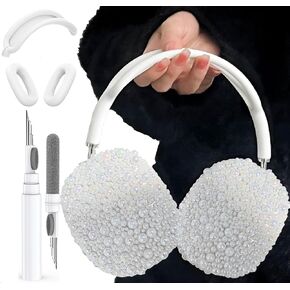 Glitter Pearls Case Cover for AirPods Max Headphones with Cleaner Pen Girls, Soft Handmade Beads TPU Ear Cups/Ear Pad/Headband Case Cover Silicone Protector for Apple Air Pod Max Accessories, White
