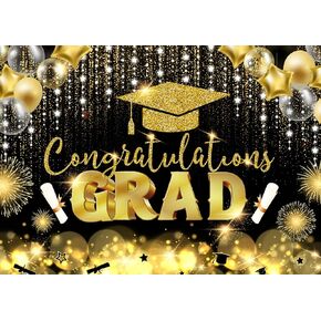 7X5ft Graduation Backdrop Congrats Graduation Prom Backdrop Celebrating Graduation 2024 Party Decorations Black and Golden Balloons Graduation Cap Design Banner cp-496