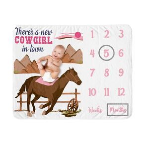 Sweet Jojo Designs Western Cowgirl Girl Baby Milestone Blanket Newborn Monthly First Year Photo Growth Chart Infant Memory Gift Set Wild West Vintage Country Animal Horse Southwest Brown Pink Blue Tan