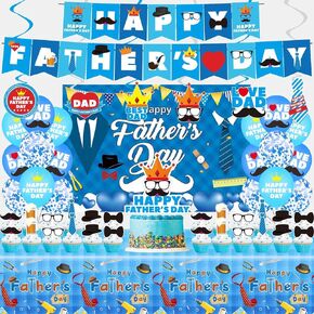 Happy Fathers Day Party Decorations, Happy Fathers Day Party Supplies Including Banner, Hanging Swirls, Latex Balloons, Cake Toppers, Tablecloth and Backdrop