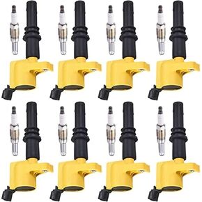 ENA 8 Yellow Ignition Coil Pack and Platinum Spark Plug Set Compatible with Lincoln Ford Expedition F150 F250 F350 F450 F550 Super Duty Mark Navigator 5.4L 6.8L Replacement for FD508 SP515 SP546 DG511