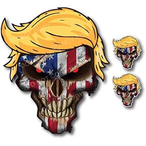 Pack of 3 Skull American Flag with Donald Trump Hair Vinyl Decal Stickers Car Truck Sniper Marines Army Navy Military Graphic (Trump Style 1)