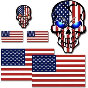 6pcs Reflective American Flag Stickers, USA Flag Skull Decal, Car Stickers for Motorcycle Trucks (3 Pack, 5" x 3"), Hard Hat Stickers (3 Pack, 2" x 1")
