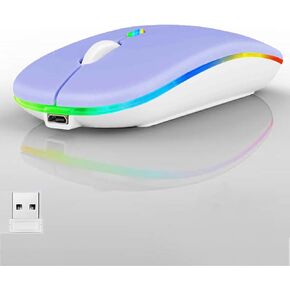 LED Wireless Mouse, Slim Silent Dual-Mode 2.4G+BT Rechargable 7-Color Mouse Portable Mobile Optical Office Mouse with USB Receiver, 3 Adjustable DPI Levels for Notebook, PC, Computer, MacBook (Purple)