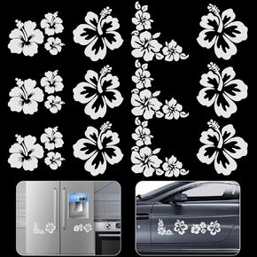 OIIKI 12Pcs Hibiscus Flowers Car Decals for Women, 3.5" Waterproof Vinyl Automotive Exterior Decoration Stickers for Auto Body Hood SUV Truck Motorcycle Doors Walls Laptop-Silver (3 Sets)