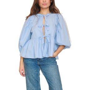 Women Y2k Puff Sleeve Peplum Shirts Bow Tie Front Blouse Flared Ruffle Hem Babydoll Tops Cute Summer Shirts