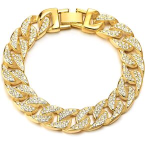 COOLSTEELANDBEYOND Stylish, Mens Womens, Curb Chain Bracelet, Gold Color, with Cubic Zirconia