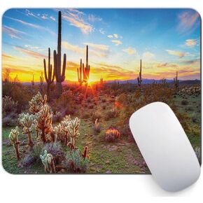 Saguaro Mouse Pad, Sun is Setting Between Saguaros Wildflowers in The Sonoran Desert Scene Picture, Standard Size Rectangle Non-Slip Rubber Mousepad, Multicolor