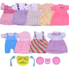YAYYAY Baby Doll Outfit - 9SET Dolls Clothes Colorful Design with Pink Star Princess Skirt and Blue Strap Jumpsuit | Includes Dinner Plate Nipple Underwear Accessory | Ages 3+ | Fits Dolls 10"- 14 "