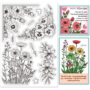 Spring Flowers Clear Stamps Rose Silicone Stamps for Mother's Day Card Making Lily Rubber Stamps Floral Corner Clear Stamp Mom I Love You Transparent Stamps for DIY Scrapbooking Album Crafts
