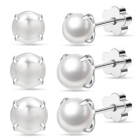 3Pairs Flower Flat Back Pearl Stud Earring for Women Screw Back Pearl Cartilage Earrings Pearl Helix Earrings Hypoallergenic Pearl Earring for Sensitive Skin (5mm/6mm/7mm Pearl)