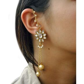 Women Golden Blue Purple Kundan Kanauti Earrings Handmade Indian Designer Long Chain Over The Earrings Kundan Dangling Earrings (Golden Kundan Kanauti Earrings)