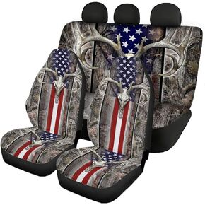 4 PCS Car Seat Covers Women Men Full Set American Flag Wood Deer Design Universal Fit Waterproof Car Seat Cover for Cars SUV Trucks Rear Seat Cover Split Bench