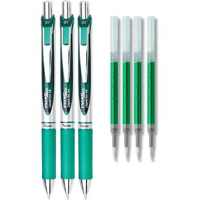 Pentel EnerGel Deluxe RTX Liquid Gel Ink Pen Set Kit, Pack of 3 with 4 Refills (Green - 0.7mm)